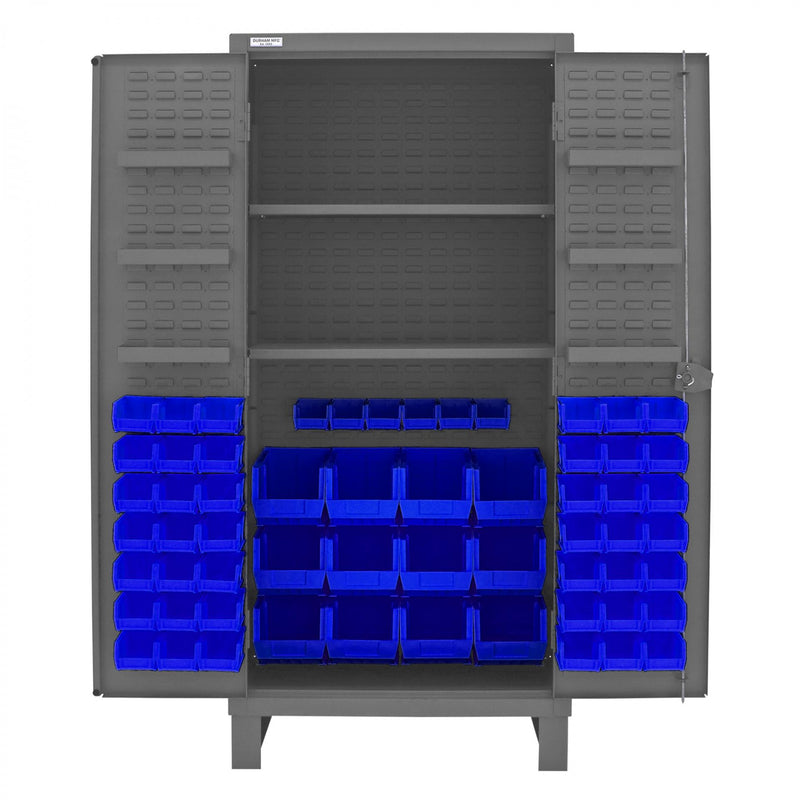 Durham Extra Heavy Duty Cabinet, 12 Gauge, 36 x 24 x 78, 2 Adjustable Shelves, 60 Blue Bins