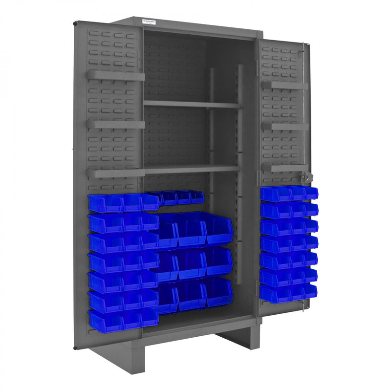 Durham Extra Heavy Duty Cabinet, 12 Gauge, 36 x 24 x 78, 2 Adjustable Shelves, 60 Blue Bins