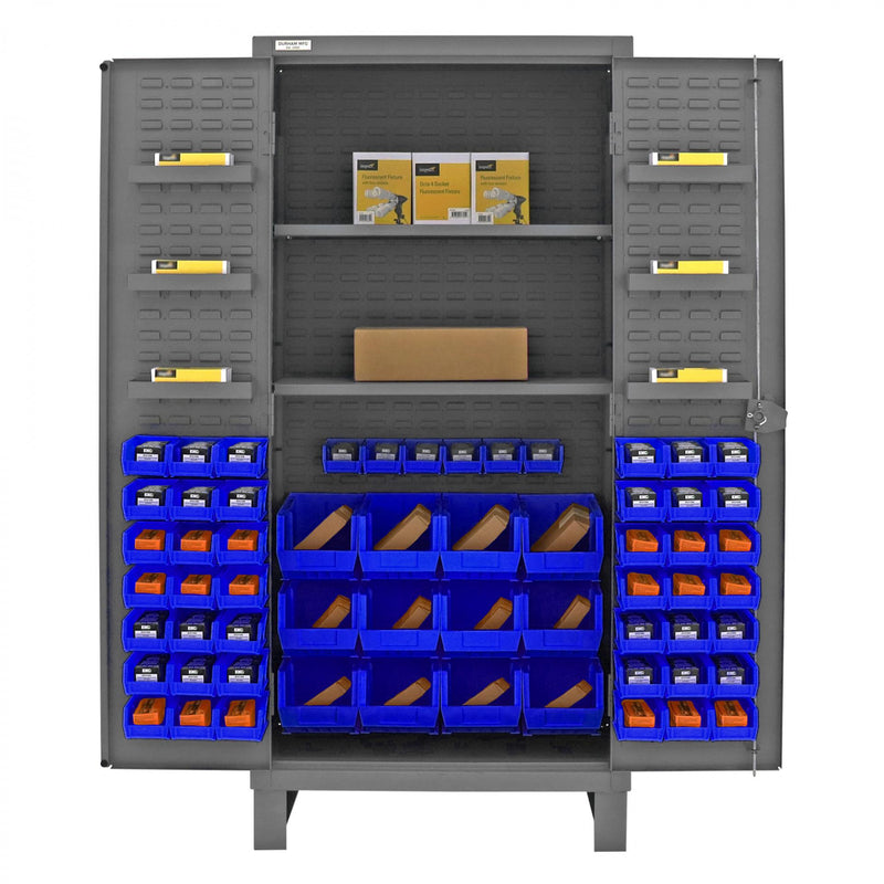 Durham Extra Heavy Duty Cabinet, 12 Gauge, 36 x 24 x 78, 2 Adjustable Shelves, 60 Blue Bins