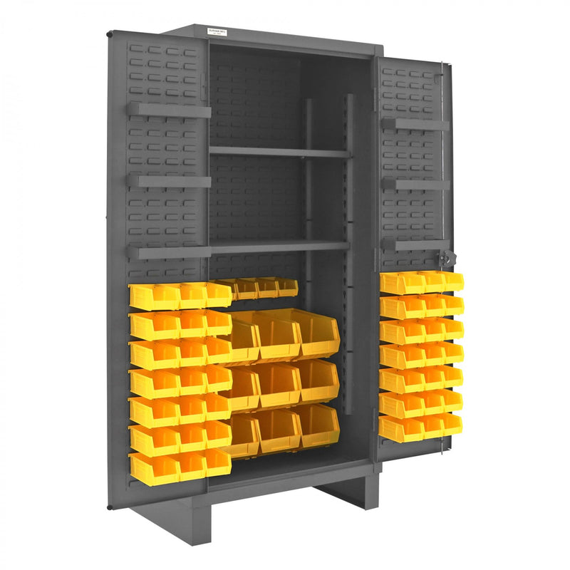 Durham Extra Heavy Duty Cabinet, 12 Gauge, 36 x 24 x 78, 2 Adjustable Shelves, 60 Yellow Bins
