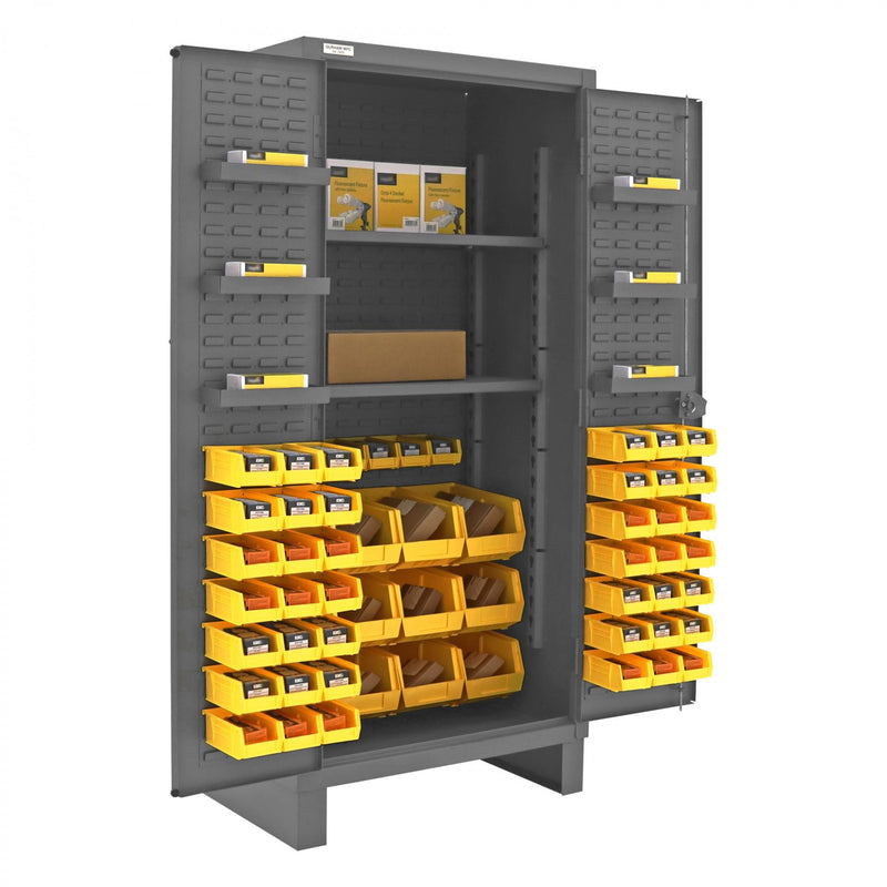 Durham Extra Heavy Duty Cabinet, 12 Gauge, 36 x 24 x 78, 2 Adjustable Shelves, 60 Yellow Bins