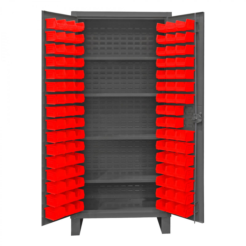 Durham Extra Heavy Duty Cabinet, 12 Gauge, 36 x 24 x 78, 4 Adjustable Shelves, 96 Red Bins