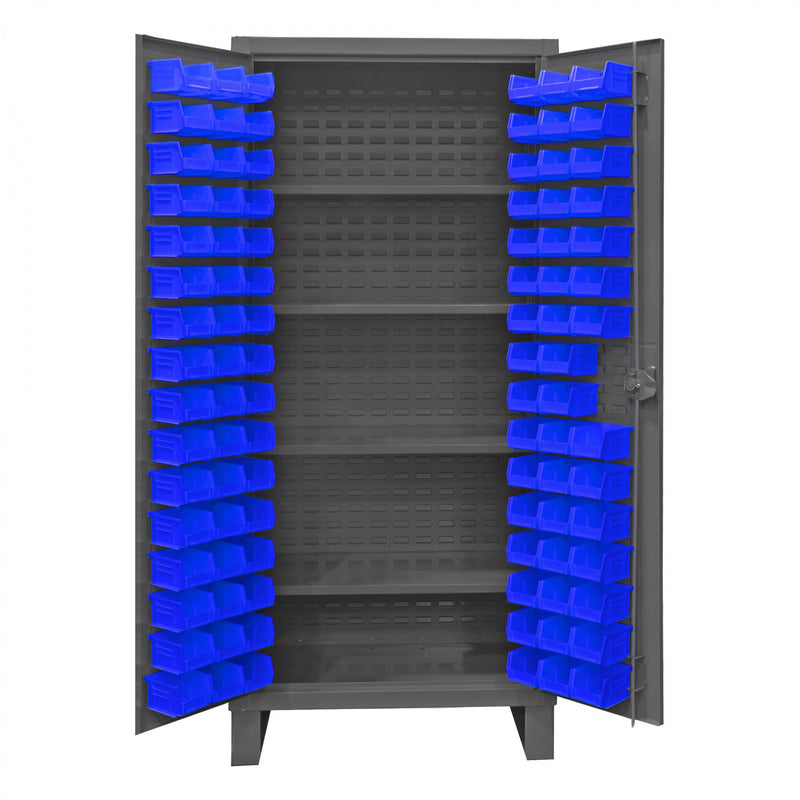 Durham Extra Heavy Duty Cabinet, 12 Gauge, 36 x 24 x 78, 4 Adjustable Shelves, 96 Blue Bins