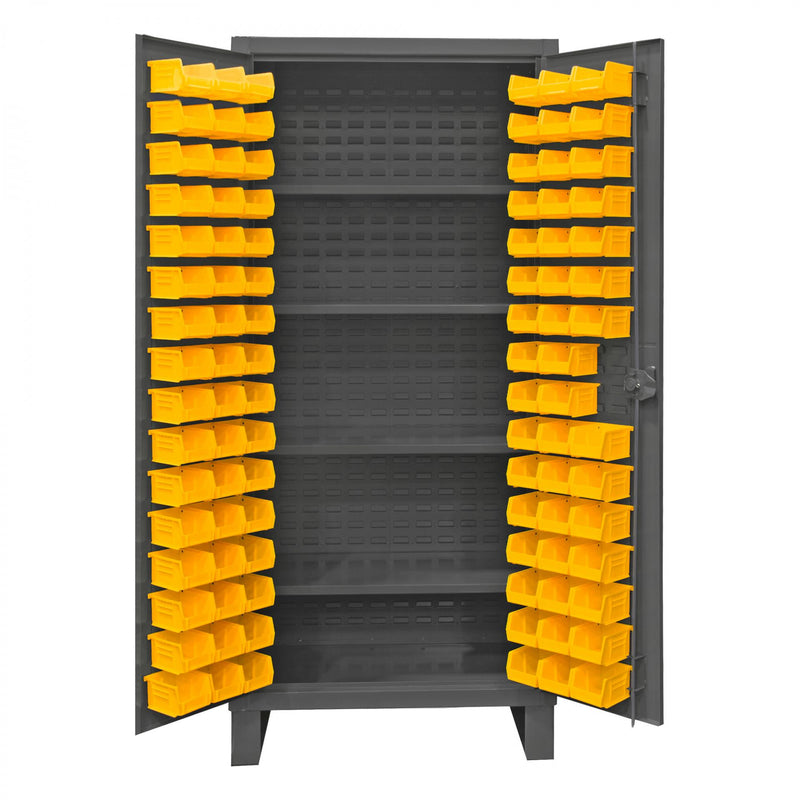 Durham Extra Heavy Duty Cabinet, 12 Gauge, 36 x 24 x 78, 4 Adjustable Shelves, 96 Yellow Bins