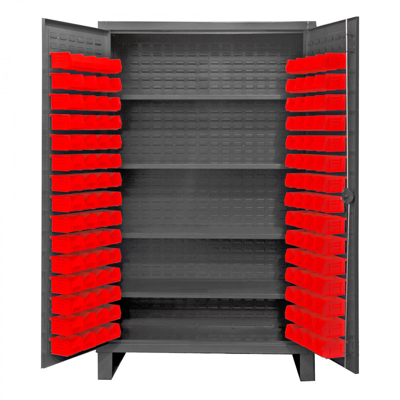 Durham Extra Heavy Duty Cabinet, 12 Gauge, 48 x 24 x 78, 4 Adjustable Shelves, 120 Red Bins