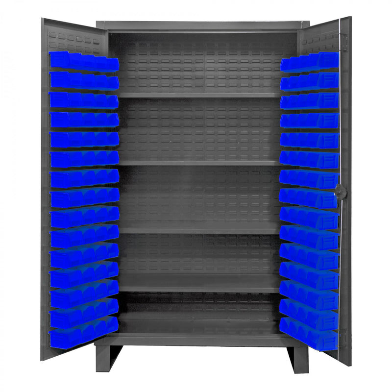 Durham Extra Heavy Duty Cabinet, 12 Gauge, 48 x 24 x 78, 4 Adjustable Shelves, 120 Blue Bins