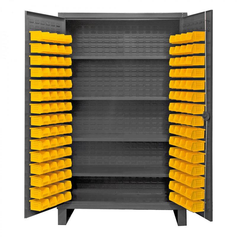 Durham Extra Heavy Duty Cabinet, 12 Gauge, 48 x 24 x 78, 4 Adjustable Shelves, 120 Yellow Bins
