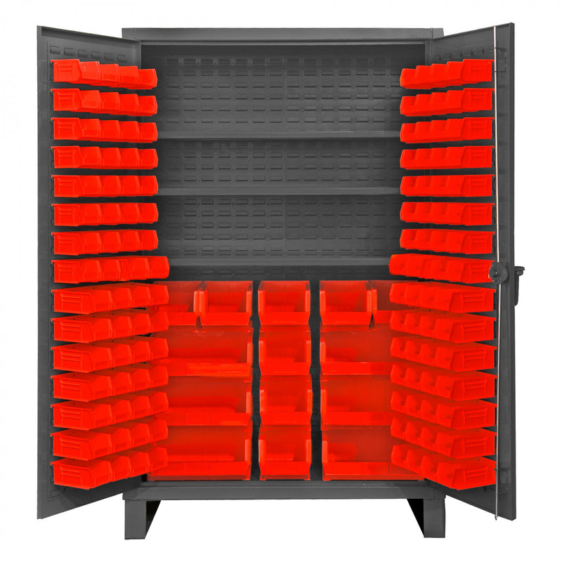 Durham Extra Heavy Duty Cabinet, 12 Gauge, 48 x 24 x 78, 3 Adjustable Shelves, 134 Red Bins