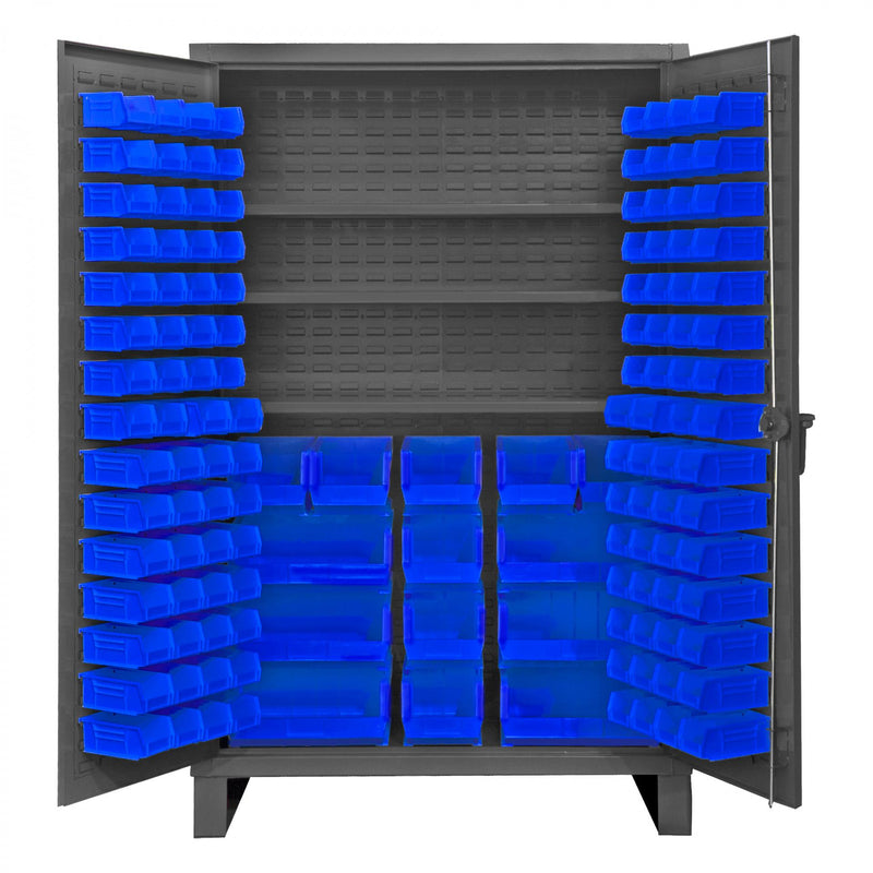 Durham Extra Heavy Duty Cabinet, 12 Gauge, 48 x 24 x 78, 3 Adjustable Shelves, 134 Blue Bins