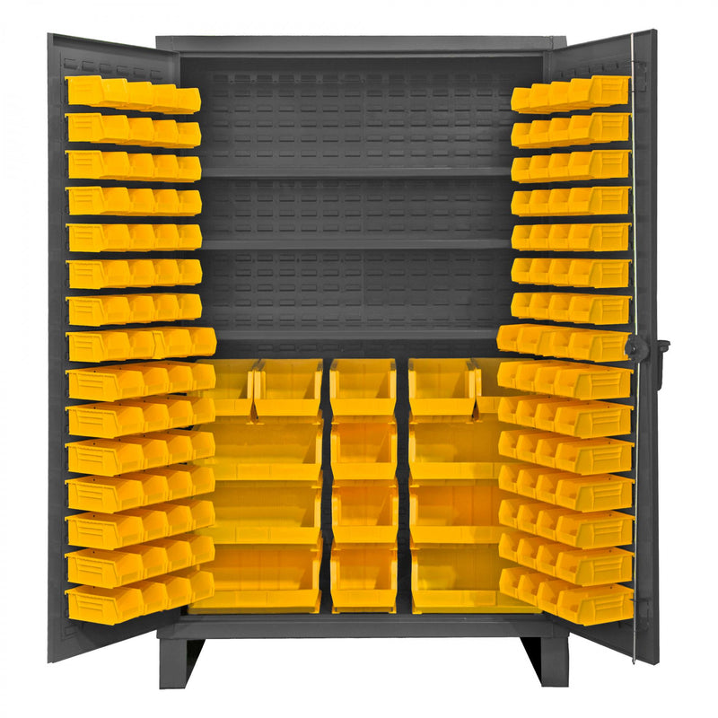 Durham Extra Heavy Duty Cabinet, 12 Gauge, 48 x 24 x 78, 3 Adjustable Shelves, 134 Yellow Bins