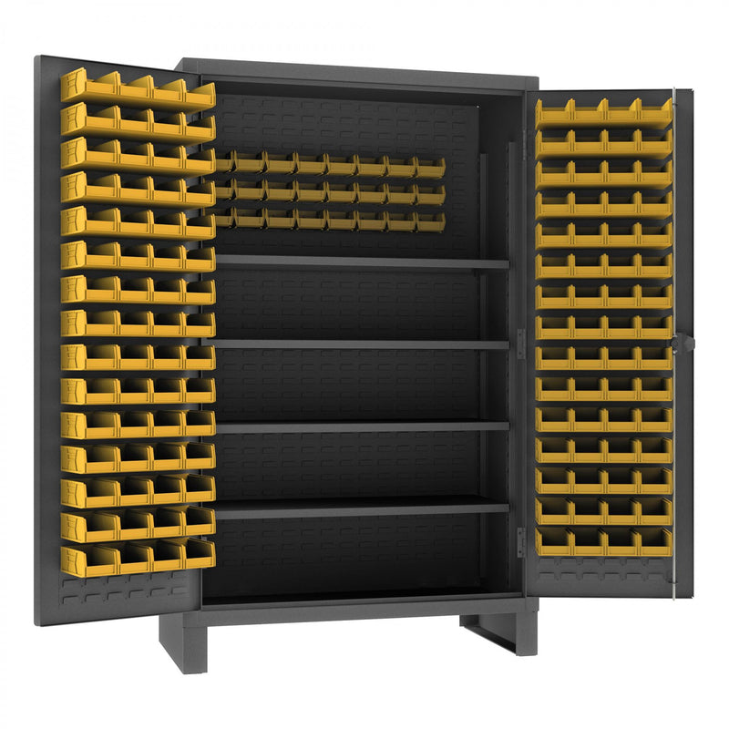 Durham Extra Heavy Duty Cabinet, 12 Gauge, 48 x 24 x 78, 4 Adjustable Shelves, 144 Yellow Bins, Gray