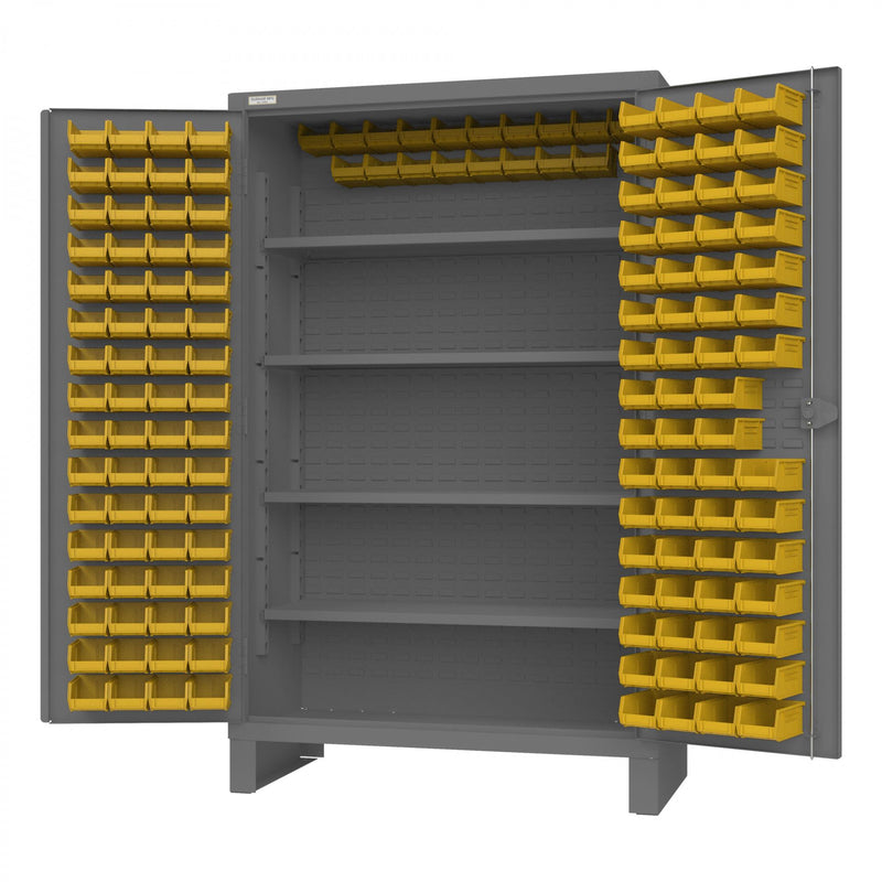 Durham Cabinet, 12 Gauge, 4 Shelves, 144 Yellow Bins, 48 x 24 x 78, Gray