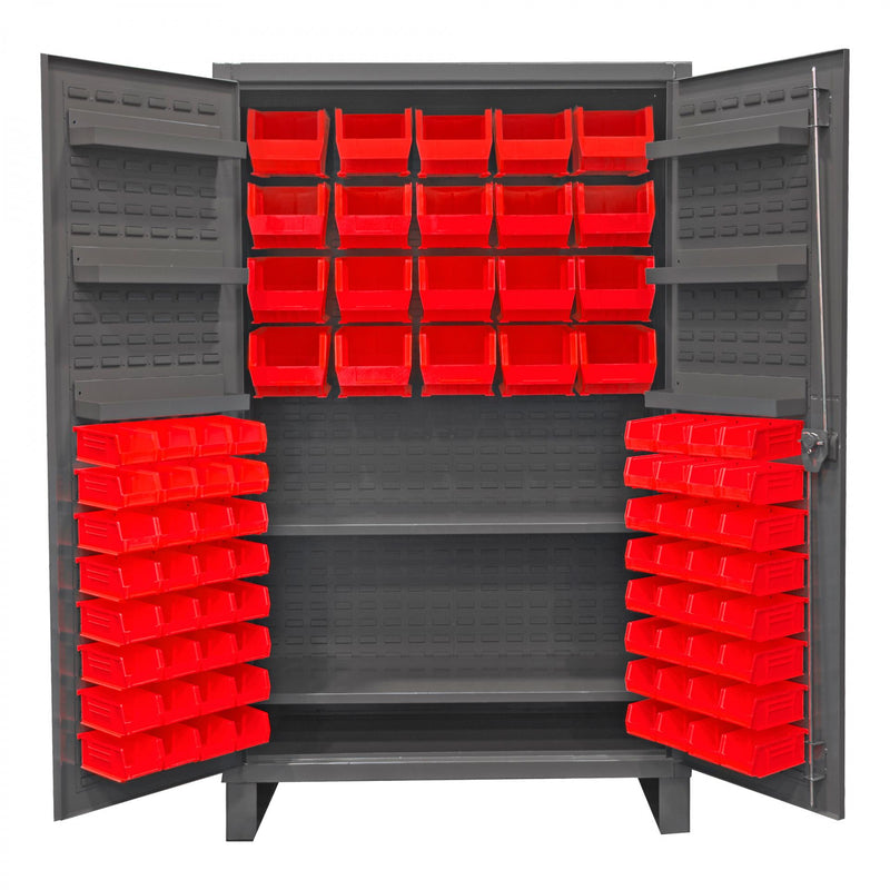 Durham Extra Heavy Duty Cabinet, 12 Gauge, 48 x 24 x 78, 2 Adjustable Shelves, 84 Red Bins