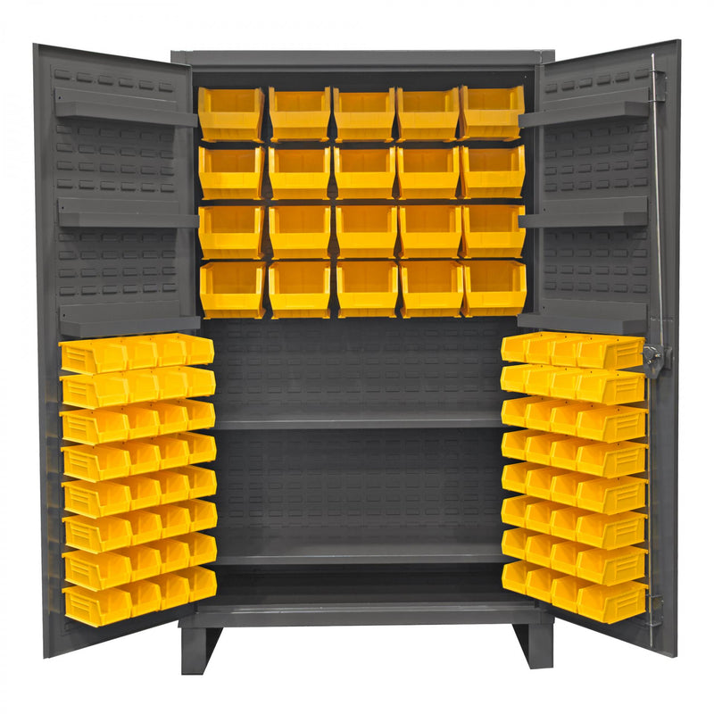 Durham Extra Heavy Duty Cabinet, 12 Gauge, 48 x 24 x 78, 2 Adjustable Shelves, 84 Yellow Bins