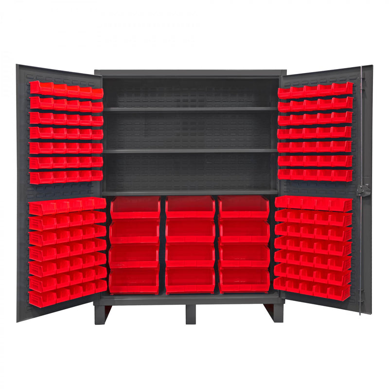 Durham Extra Heavy Duty Cabinet, 12 Gauge, 60 x 24 x 78, 3 Adjustable Shelves, 156 Red Bins