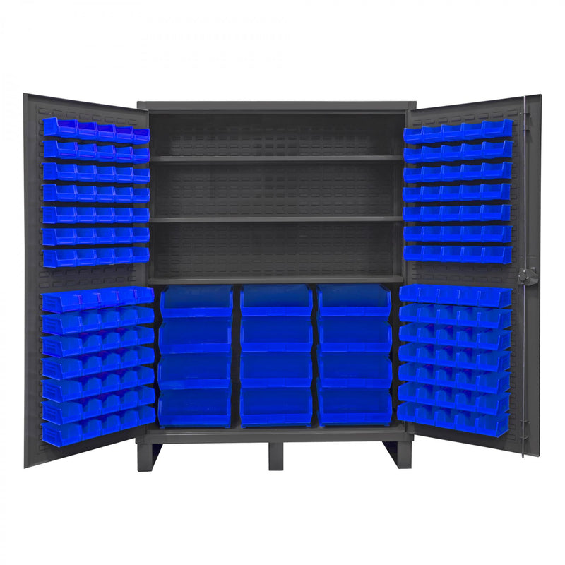 Durham Extra Heavy Duty Cabinet, 12 Gauge, 60 x 24 x 78, 3 Adjustable Shelves, 156 Blue Bins