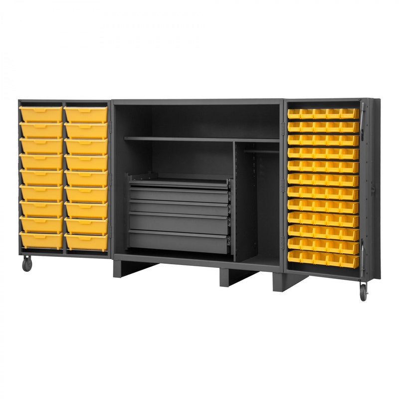 Durham Extra Heavy Duty Cabinet, 12 Gauge, 60 x 36 x 60, 2 Fixed Shelves, 60 Yellow Bins