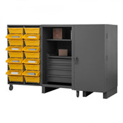Durham Extra Heavy Duty Cabinet, 12 Gauge, 60 x 36 x 60, 2 Fixed Shelves, 60 Yellow Bins