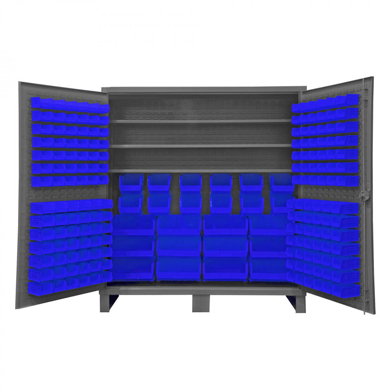 Durham Extra Heavy Duty Cabinet, 12 Gauge, 72 x 24 x 78, 3 Adjustable Shelves, 192 Blue Bins
