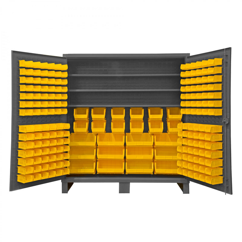 Durham Extra Heavy Duty Cabinet, 12 Gauge, 72 x 24 x 78, 3 Adjustable Shelves, 192 Yellow Bins