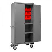 Durham Mobile Cabinet, 12 Gauge, 36 x 24 x 81, 2 Adjustable Shelves, 12 Red Bins, Recessed Doors