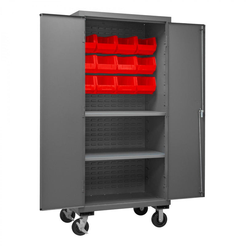 Durham Mobile Cabinet, 12 Gauge, 36 x 24 x 81, 2 Adjustable Shelves, 12 Red Bins, Recessed Doors