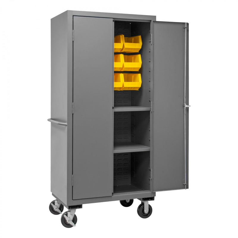 Durham Mobile Cabinet, 12 Gauge, 36 x 24 x 81, 2 Adjustable Shelves, 12 Yellow Bins, Recessed Doors