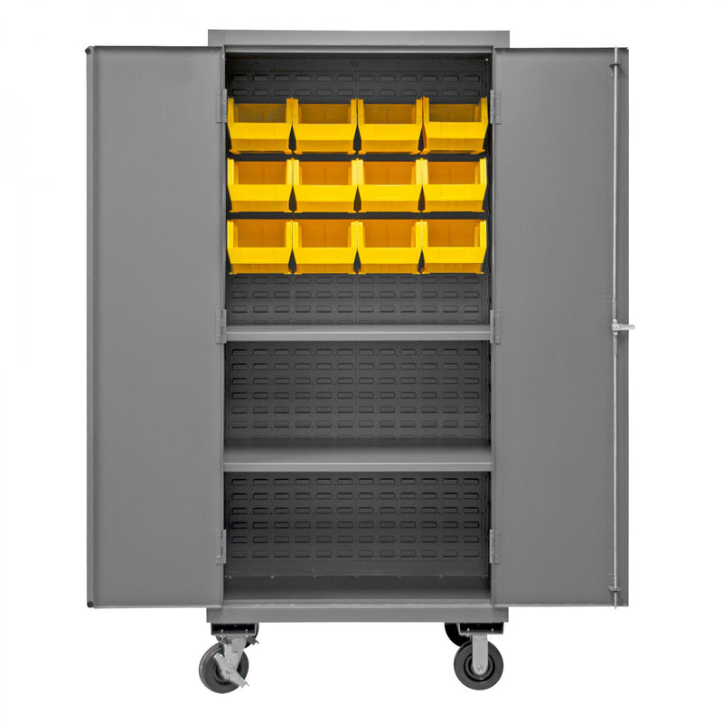 Durham Mobile Cabinet, 12 Gauge, 36 x 24 x 81, 2 Adjustable Shelves, 12 Yellow Bins, Recessed Doors