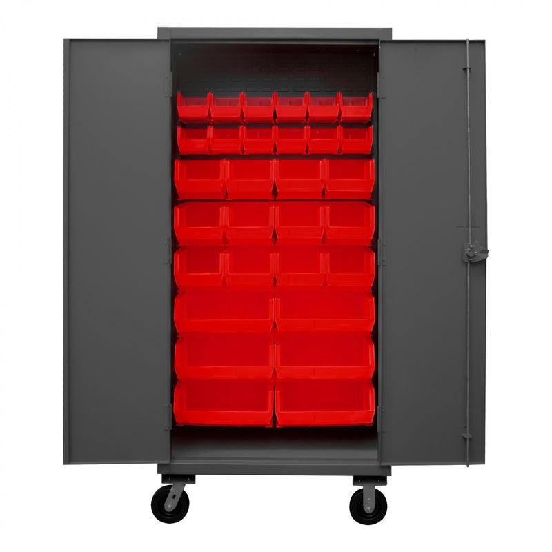Durham Mobile Cabinet, 12 Gauge, 36 x 24 x 81, 30 Red Bins, Recessed Doors