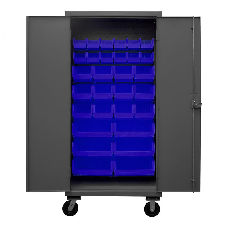 Durham Mobile Cabinet, 12 Gauge, 36 x 24 x 81, 30 Blue Bins, Recessed Doors