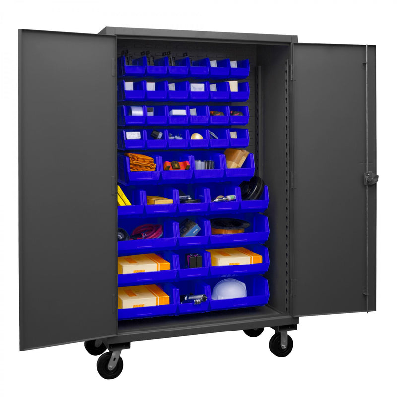 Durham Mobile Cabinet, 12 Gauge, 48 x 24 x 81, 42 Blue Bins, Recessed Doors