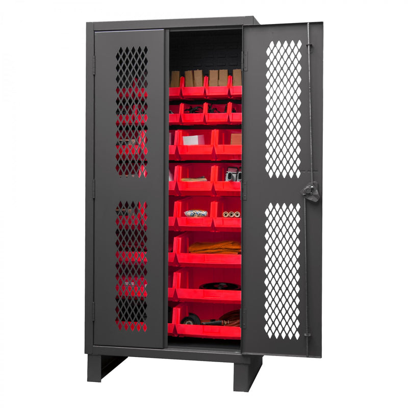 Durham Extra Heavy Duty Cabinet, 12 Gauge, 36 x 24 x 78, 30 Red Bins, Recessed Ventilated Doors