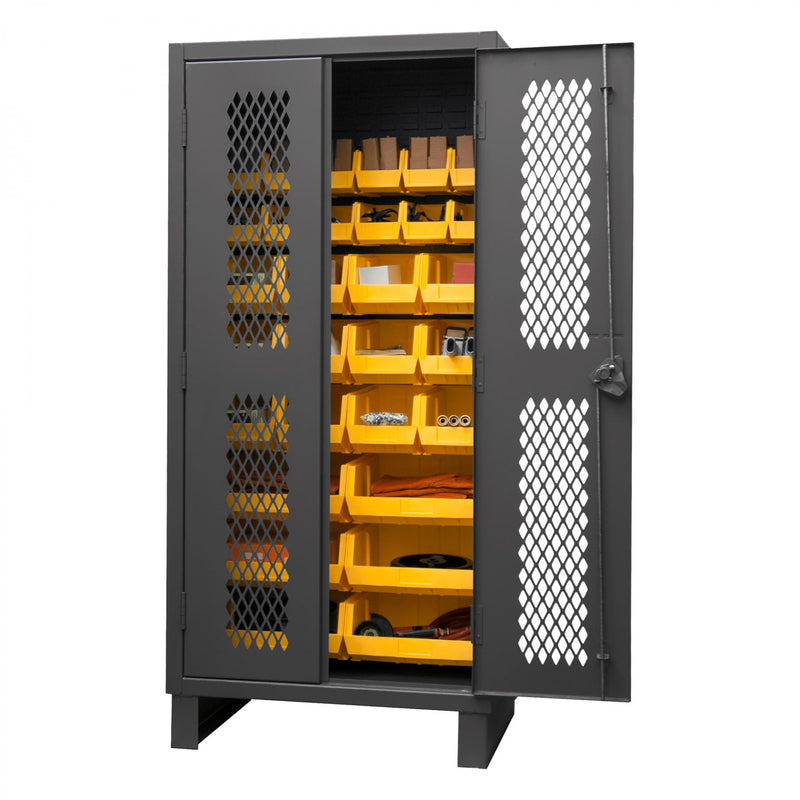 Durham Extra Heavy Duty Cabinet, 12 Gauge, 36 x 24 x 78, 30 Yellow Bins, Recessed Ventilated Doors