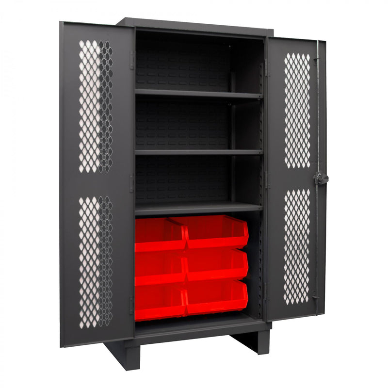 Durham Extra Heavy Duty Cabinet, 12 Gauge, 36 x 24 x 78, 3 Adjustable Shelves, 6 Red Bins