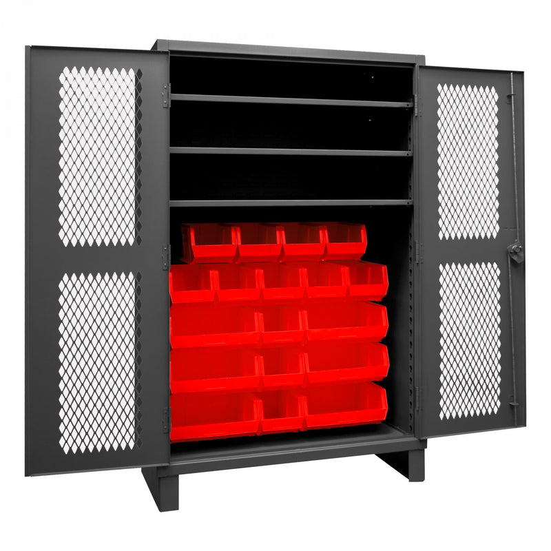 Durham Extra Heavy Duty Cabinet, 12 Gauge, 48 x 24 x 78, 3 Adjustable Shelves, 18 Red Bins