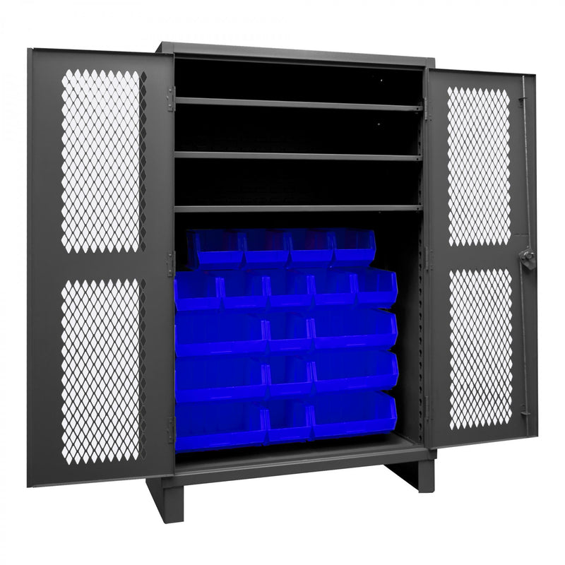Durham Extra Heavy Duty Cabinet, 12 Gauge, 48 x 24 x 78, 3 Adjustable Shelves, 18 Blue Bins