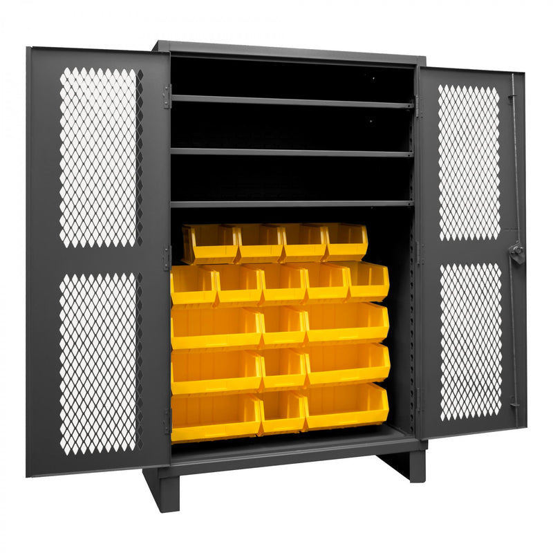 Durham Extra Heavy Duty Cabinet, 12 Gauge, 48 x 24 x 78, 3 Adjustable Shelves, 18 Yellow Bins