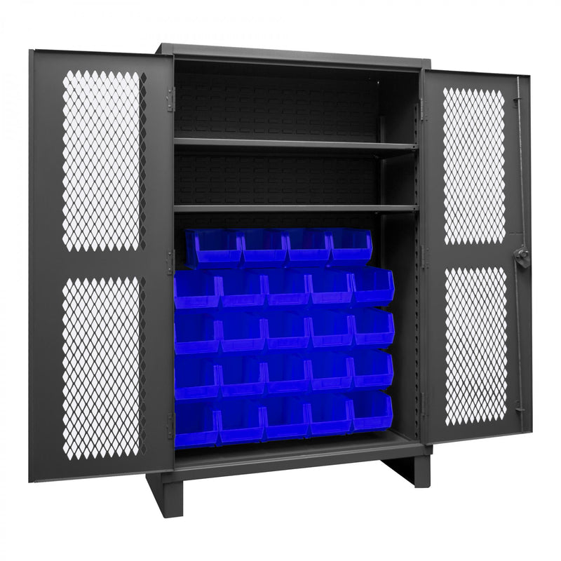 Durham Extra Heavy Duty Cabinet, 12 Gauge, 48 x 24 x 78, 2 Adjustable Shelves, 24 Blue Bins