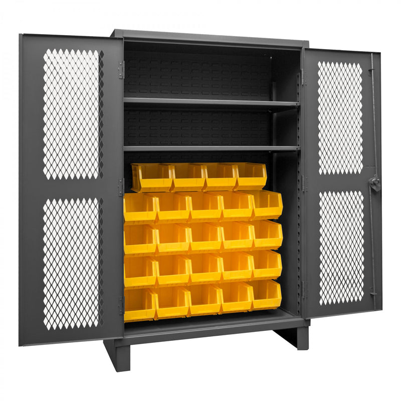 Durham Extra Heavy Duty Cabinet, 12 Gauge, 48 x 24 x 78, 2 Adjustable Shelves, 24 Yellow Bins