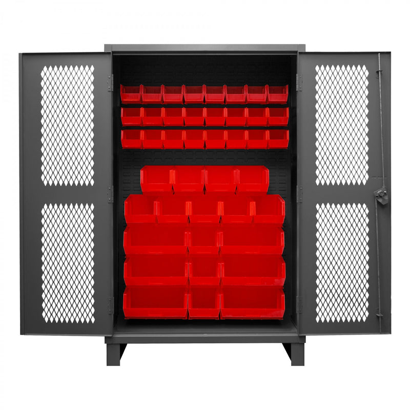 Durham Extra Heavy Duty Cabinet, 12 Gauge, 48 x 24 x 78, 42 Red Bins, Recessed Ventilated Doors