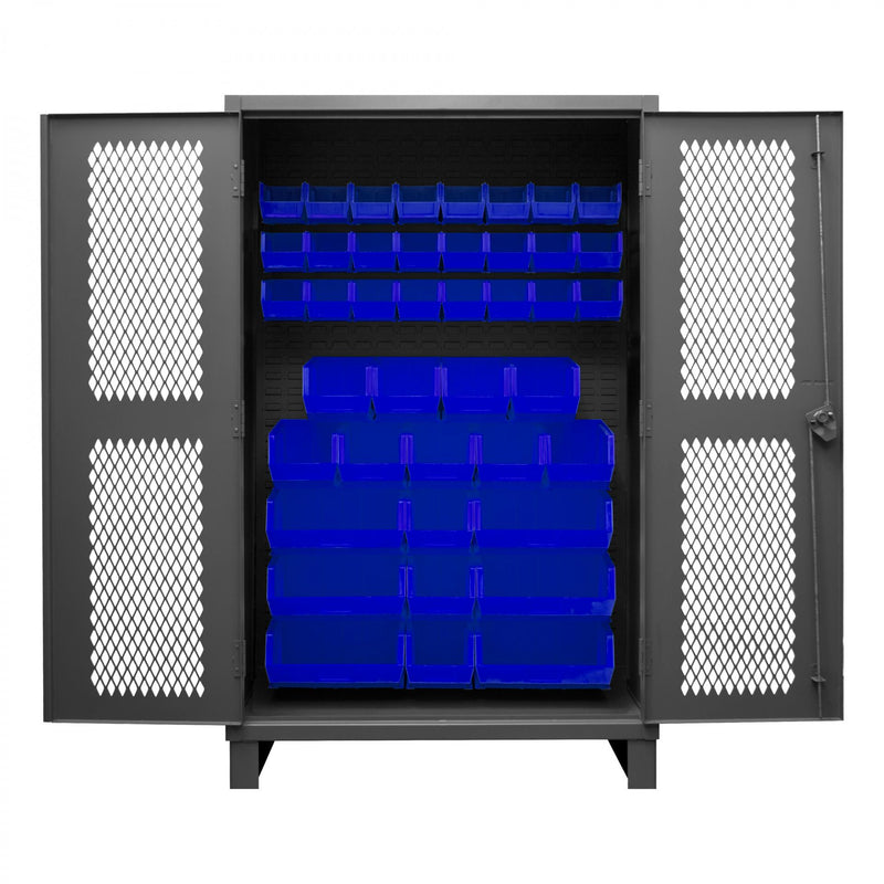 Durham Extra Heavy Duty Cabinet, 12 Gauge, 48 x 24 x 78, 42 Blue Bins, Recessed Ventilated Doors