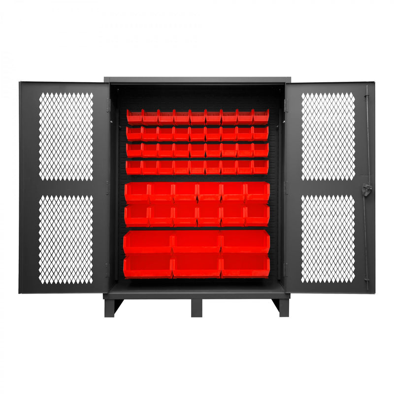 Durham Extra Heavy Duty Cabinet, 12 Gauge, 60 x 24 x 78, 54 Red Bins, Recessed Ventilated Doors