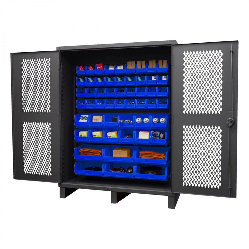 Durham Extra Heavy Duty Cabinet, 12 Gauge, 60 x 24 x 78, 54 Blue Bins, Recessed Ventilated Doors