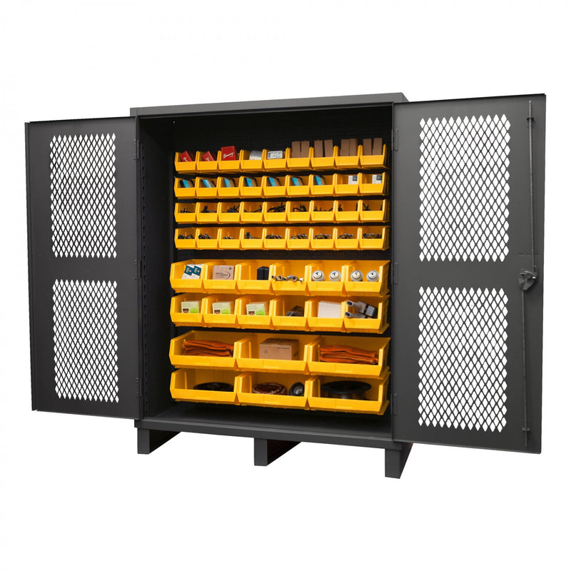 Durham Extra Heavy Duty Cabinet, 12 Gauge, 60 x 24 x 78, 54 Yellow Bins, Recessed Ventilated Doors