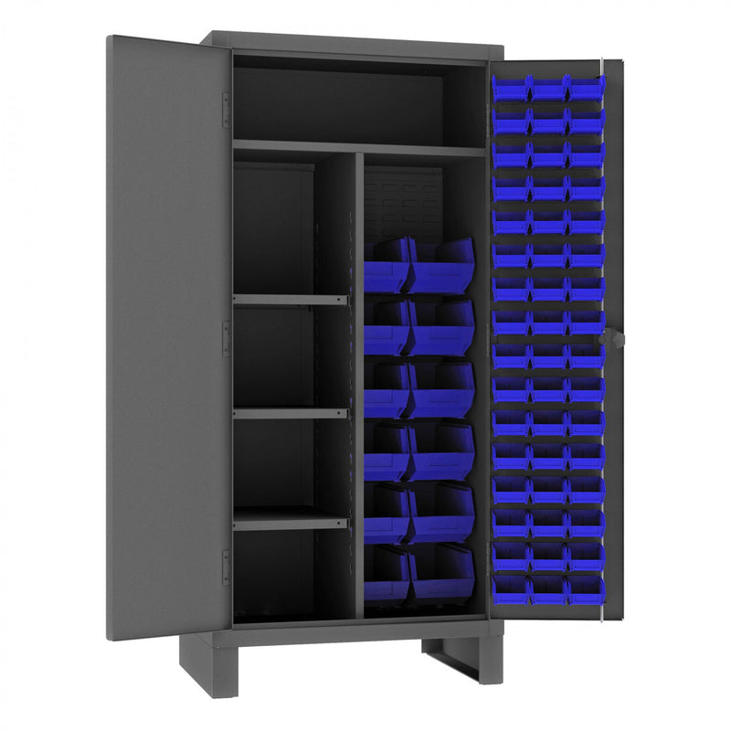 Durham Maintenance Cabinet, 12 Gauge, 36 x 24 x 78, 4 Fixed Shelves, 60 Blue Bins