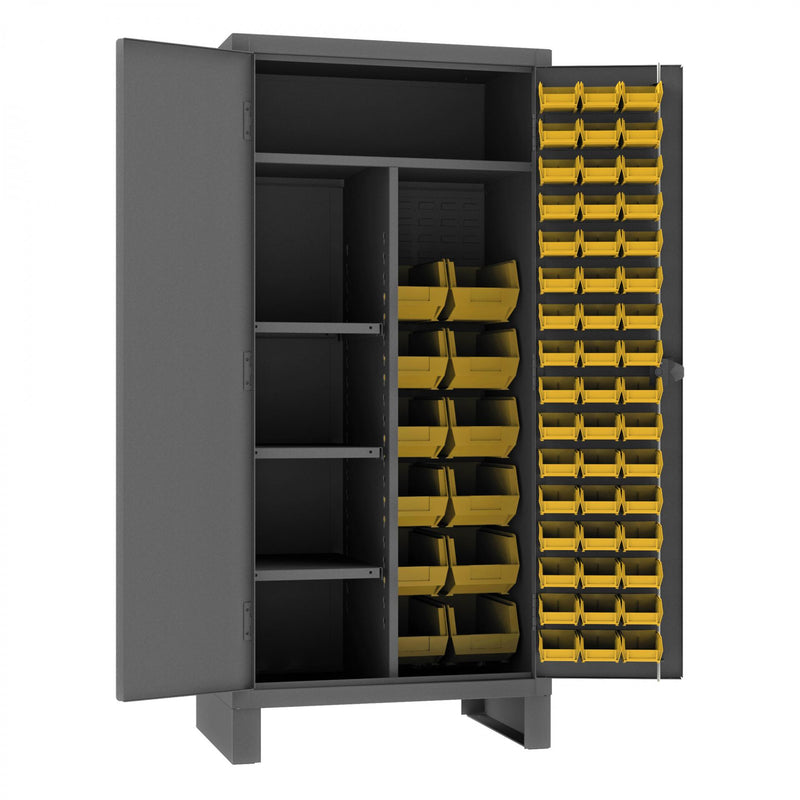 Durham Maintenance Cabinet, 12 Gauge, 36 x 24 x 78, 4 Fixed Shelves, 60 Yellow Bins