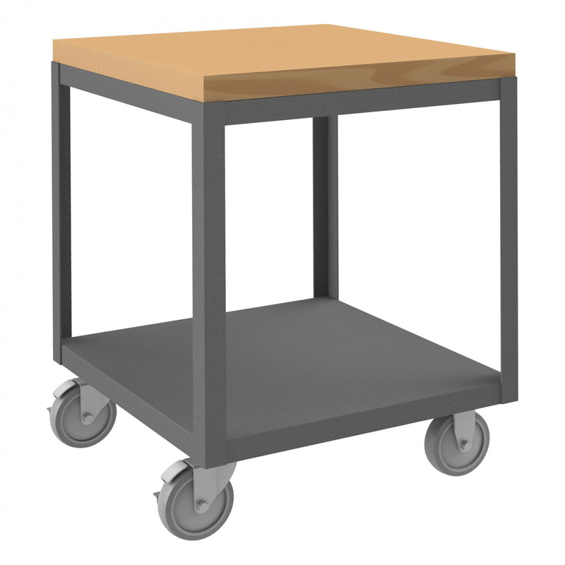 Durham High Deck Mobile Table, 14 Gauge Steel, 2 Shelves, 24 x 24, 1200 lbs. Capacity, Maple Top