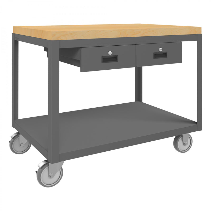 Durham High Deck Mobile Table, 14 Gauge Steel, 2 Shelves, 24 x 36, 1200 lbs. Capacity, Maple Top