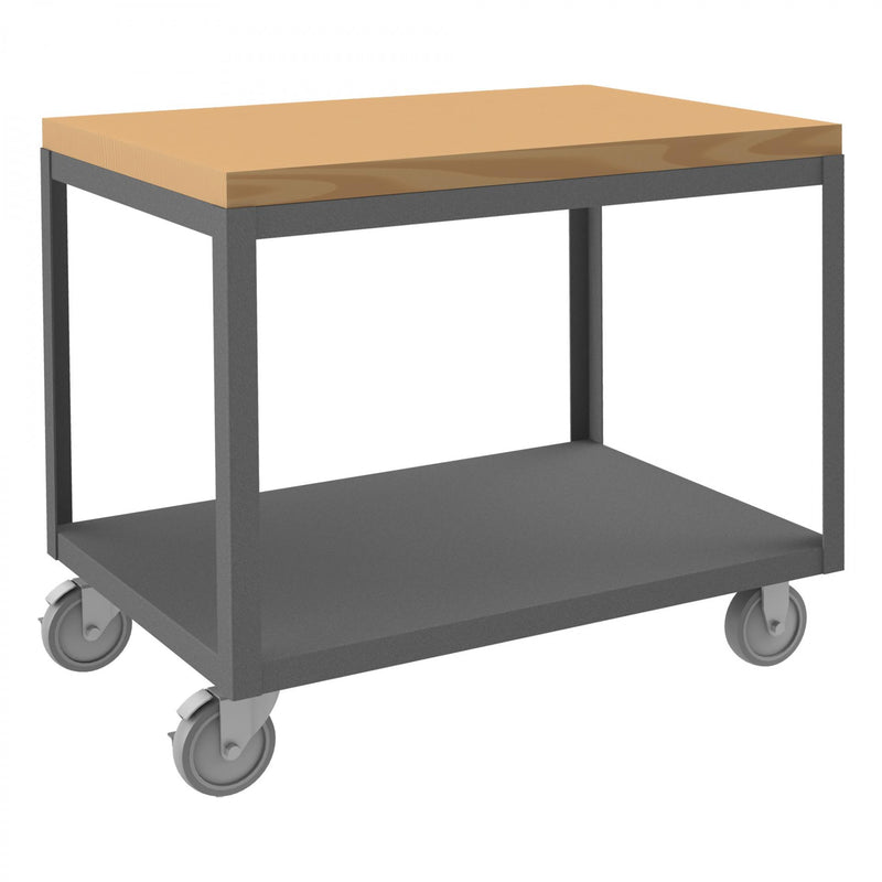 Durham High Deck Mobile Table, 14 Gauge Steel, 2 Shelves, 24 x 36, 1200 lbs. Capacity, Maple Top