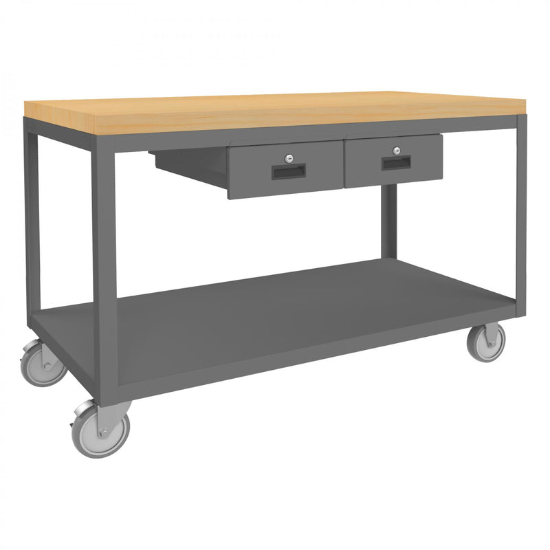Durham High Deck Mobile Table, 14 Gauge Steel, 2 Shelves, 24 x 48, 1200 lbs. Capacity, Maple Top